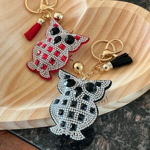 Owl Rhinestone Keychain with Tassel Red or Black